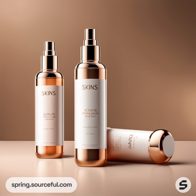 Rose gold spray bottles on a warm tan background.