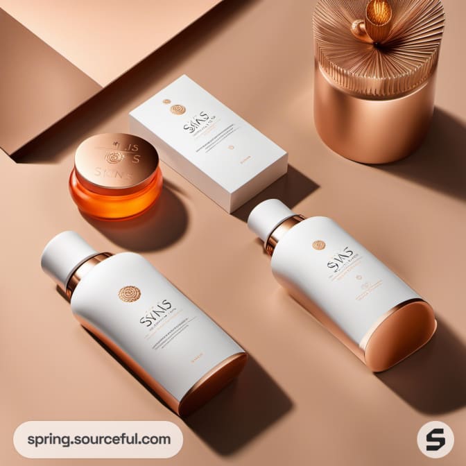 Flat lay of skincare bottles with copper accents.