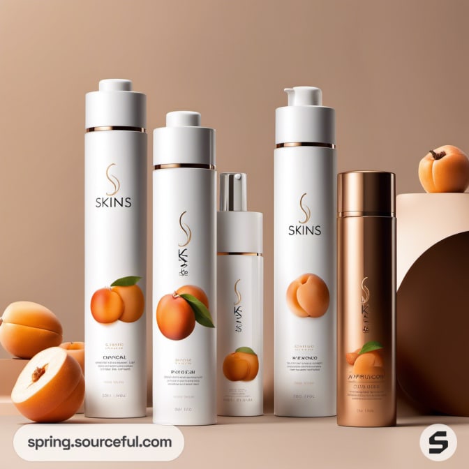 White and copper skincare bottles with apricots.