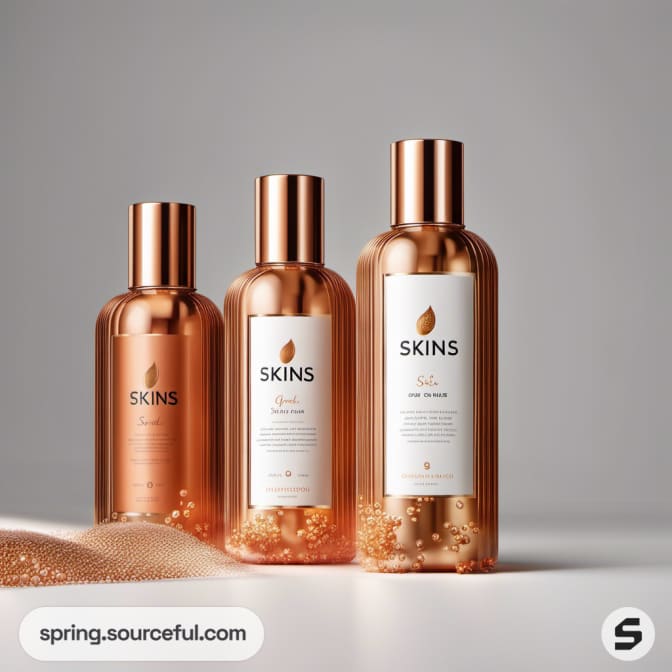 Copper-toned skincare bottles with subtle bubbles.