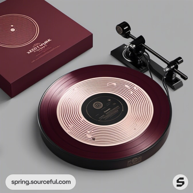 Turntable with maroon record and packaging box on display.