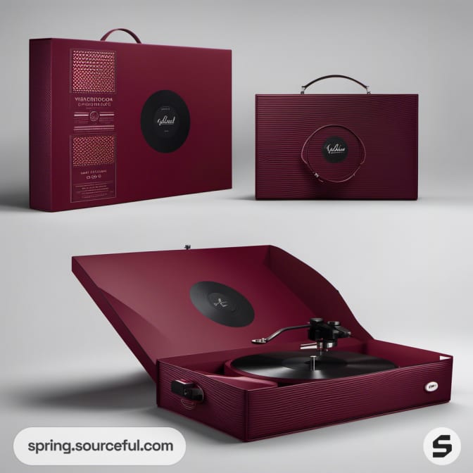 Record player in maroon suitcase-style case, open and closed views.