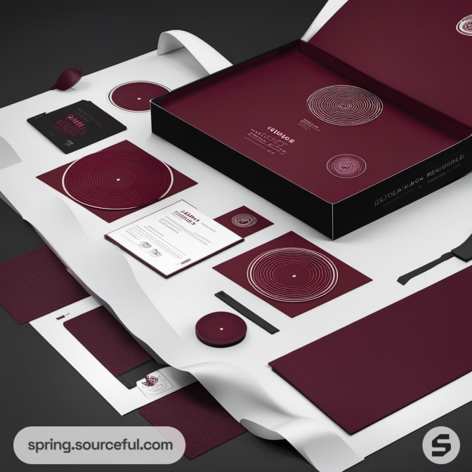 Unboxed maroon vinyl set with various contents on display.