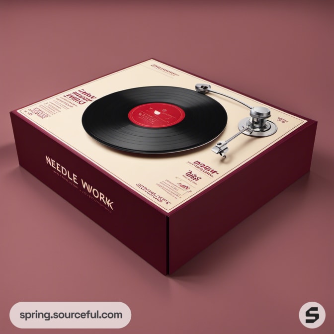 Maroon and beige box with vinyl player design, labeled 'Needle Work'.