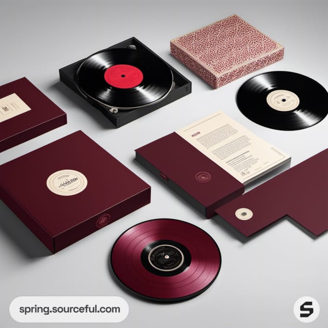 Assorted vinyl records and maroon packaging on display.