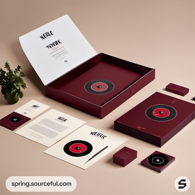 Open maroon box set with records and informational sheets.