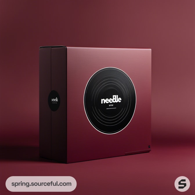 Maroon box with black vinyl design, labeled 'needle'.