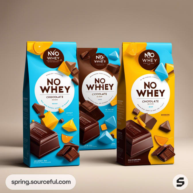 Three chocolate-flavored products in stand-up pouches, blue and brown colors.