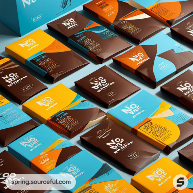 Assorted chocolate bar packages in brown, yellow, and blue, arranged diagonally.