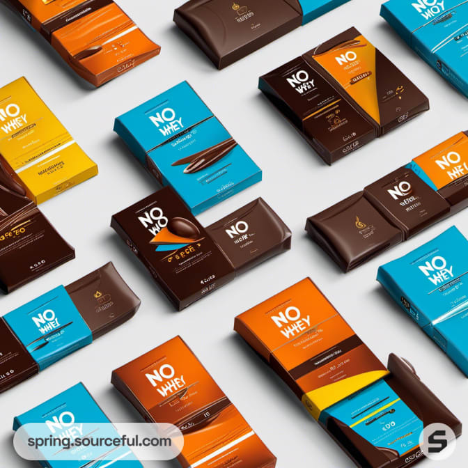 Various chocolate bar packages with blue, orange, and brown designs on a light background.