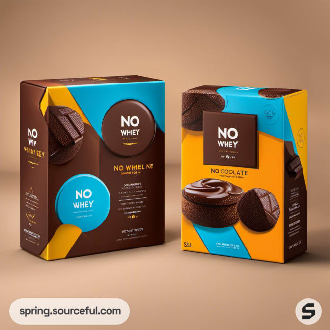 Two boxed products with brown and yellow designs featuring chocolate imagery.