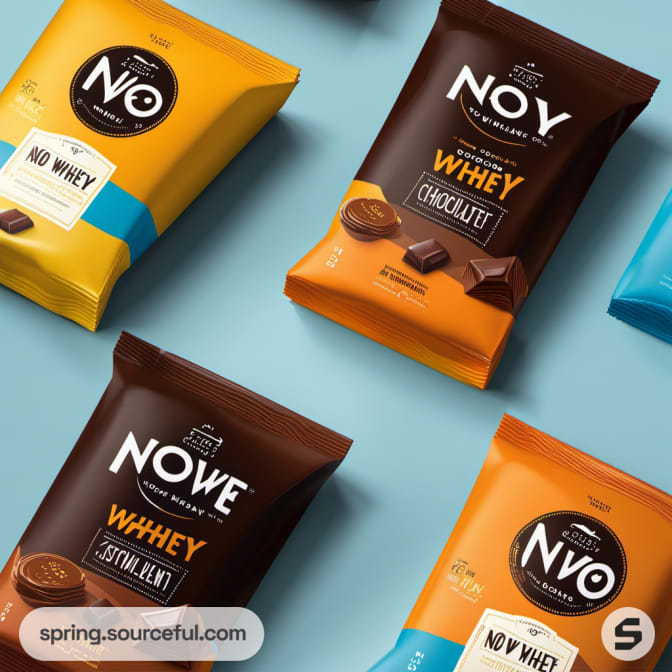 Selection of chocolate products in brown and yellow bags on a blue background.