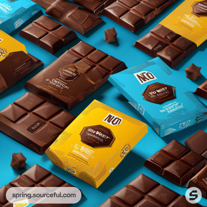 Chocolate bars and packets in yellow, blue, and brown colors on a bright blue background.