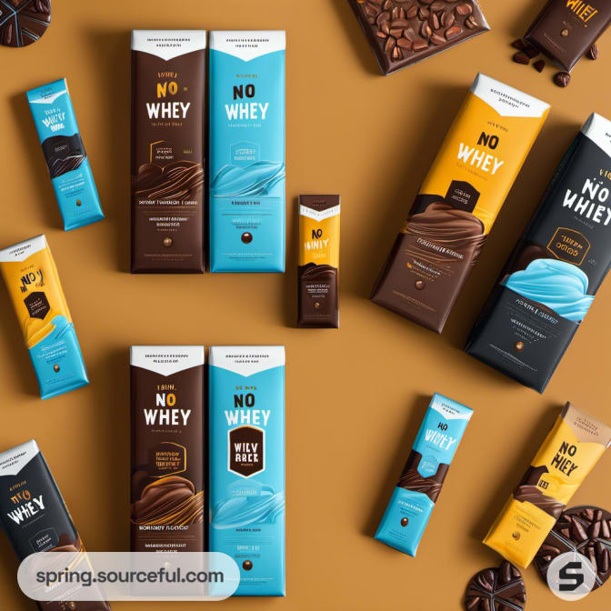 Assorted chocolate bars with blue, brown, and yellow packaging on a brown backdrop.