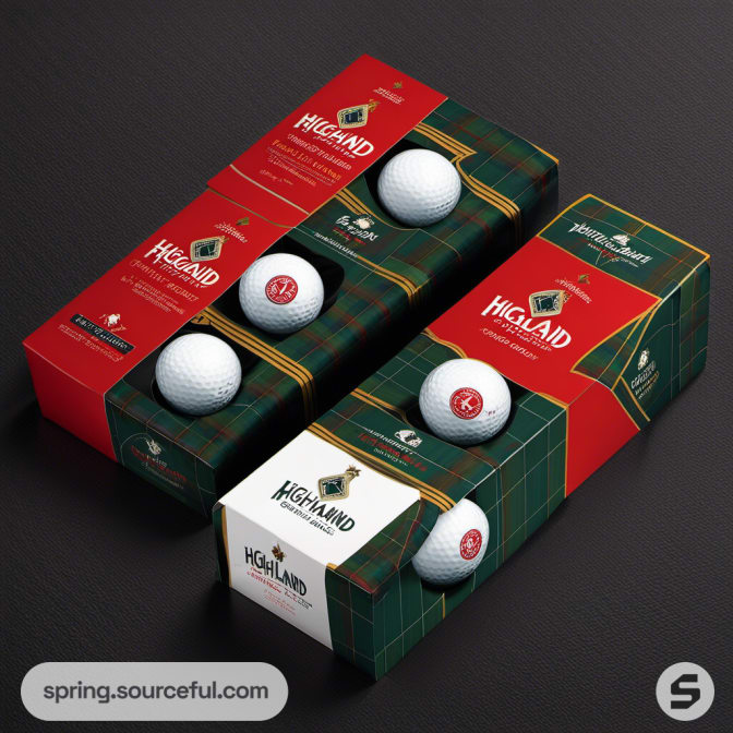 Red and tartan golf ball box with three white balls displayed.