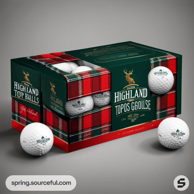 Tartan-patterned golf ball box with multiple white balls shown.