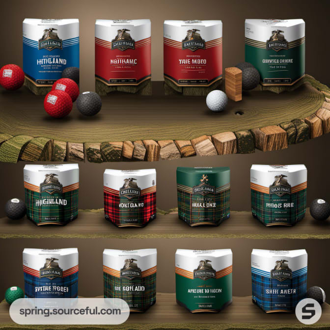 Various tartan-patterned containers with colored balls on a wooden background.