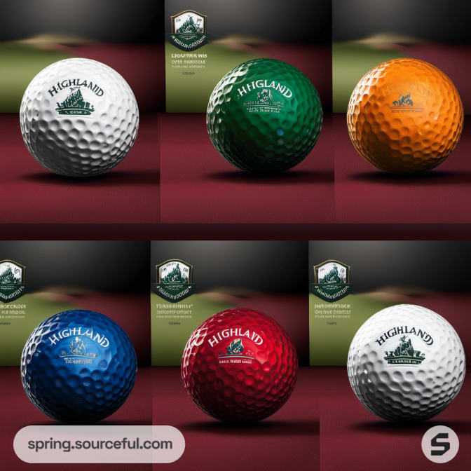 Six uniquely colored golf balls with brand logos.