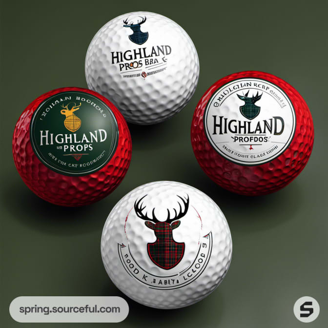 Four textured golf balls with red and white patterns and logos.