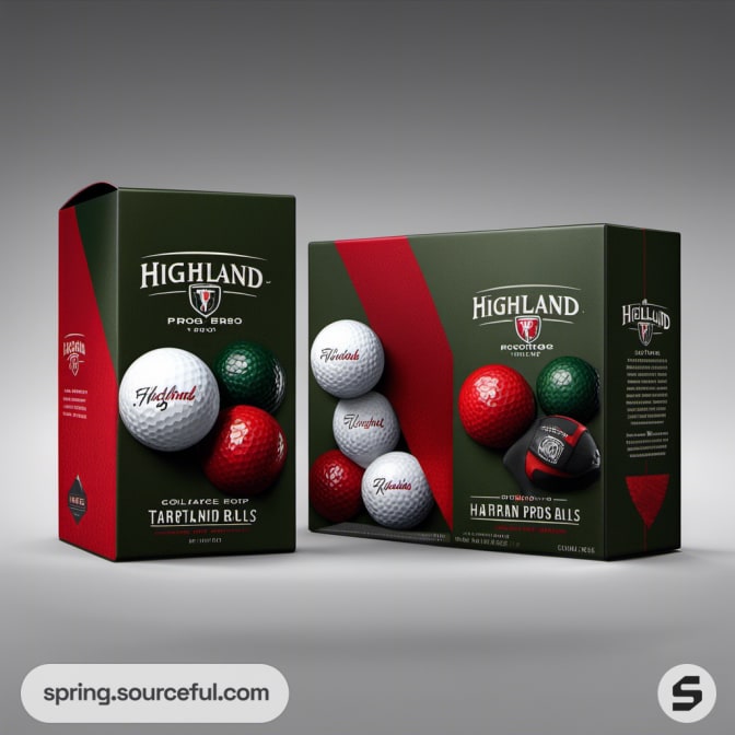 Two boxes of golf balls, red and green design with several balls inside.