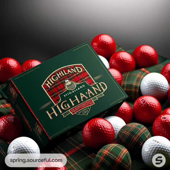 Box of golf balls with tartan pattern and mix of red, white balls.