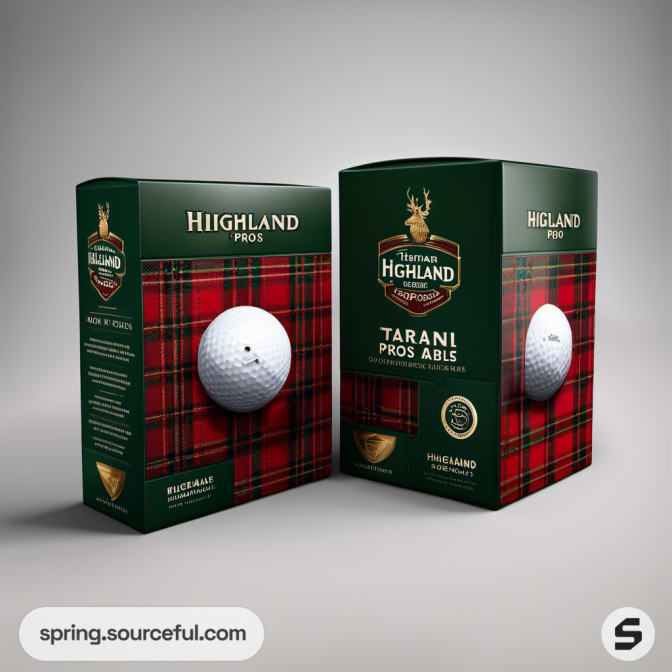 Two tartan-patterned boxes of golf balls with logos displayed.
