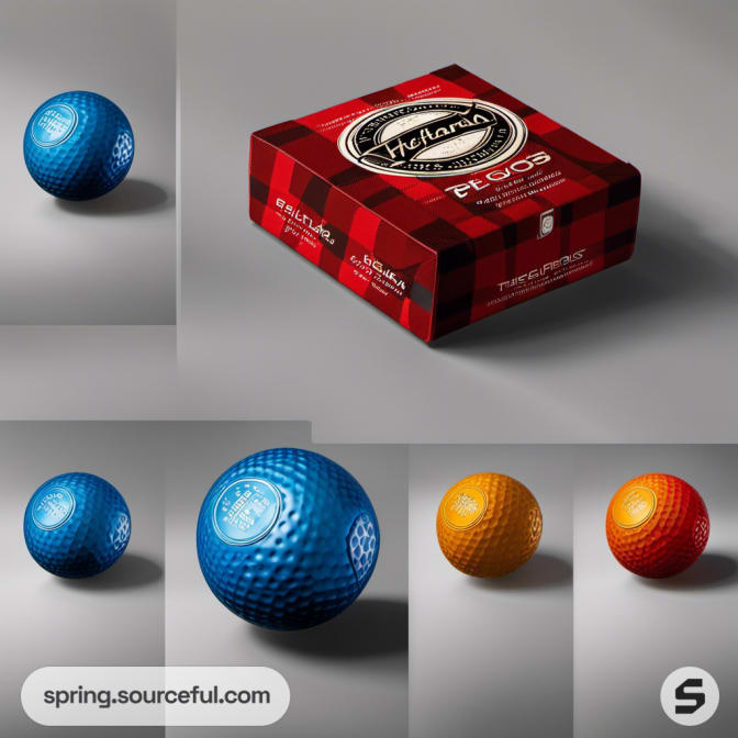 Red and black checkered box with blue golf balls in different colors.