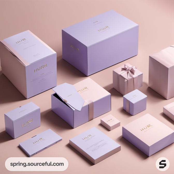 Lavender and pink boxes with gold accents, arranged in varying sizes.