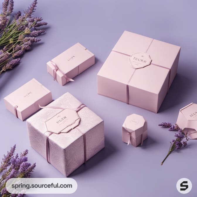 Pink gift boxes tied with purple ribbons alongside lavender sprigs.