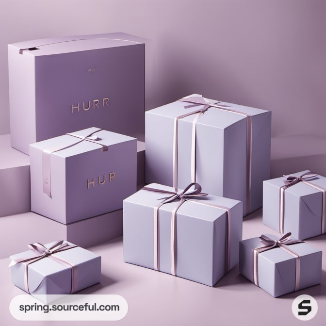 Multiple lavender boxes with white ribbons, styled neatly.
