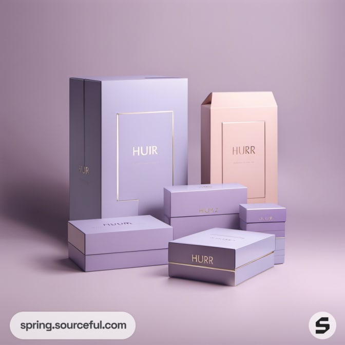 Lavender and peach boxes, some stacked, in clean geometric forms.