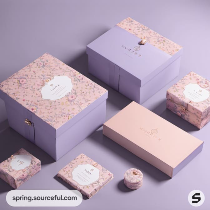 Floral and solid lavender boxes, decorated with detailed patterns.