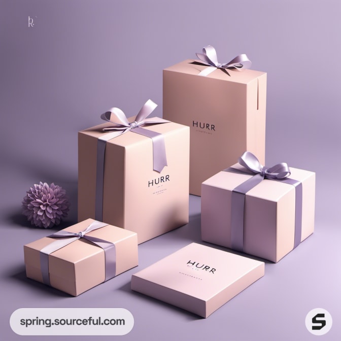 Cream and lavender boxes with ribbons, elegantly arranged.