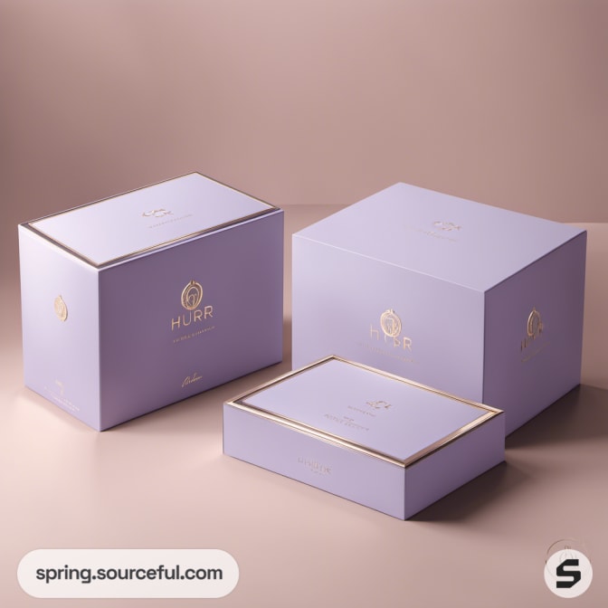 Three lavender boxes with gold trim on a beige background.