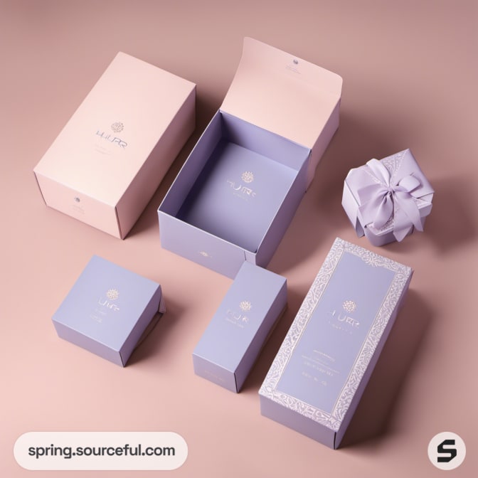 Open pastel boxes revealing interiors, alongside a small wrapped gift.