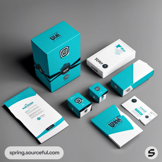 Assorted packaging design with turquoise accents on gray background.