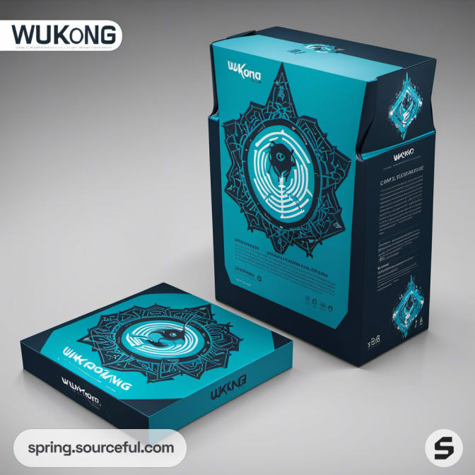 Turquoise and black ornate box packaging on gray surface.