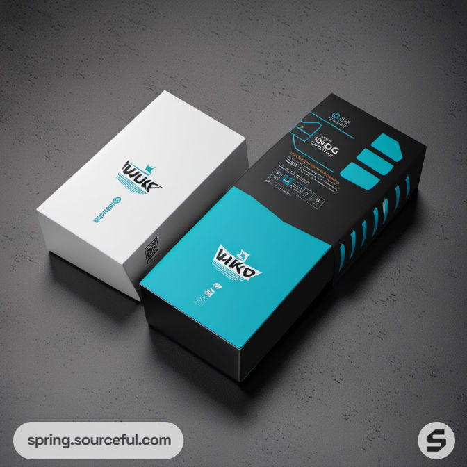 Turquoise and black detailed product box on textured surface.