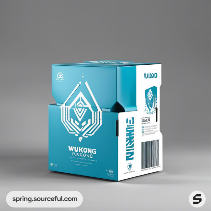 Turquoise geometric packaging box with vertical layout.