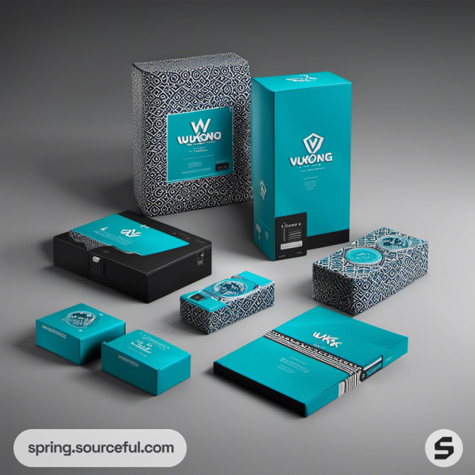 Collection of turquoise and black packaging boxes on table.