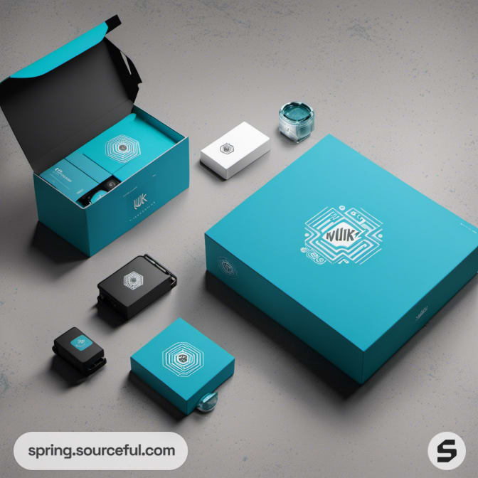 Open turquoise box with various product packaging inside.