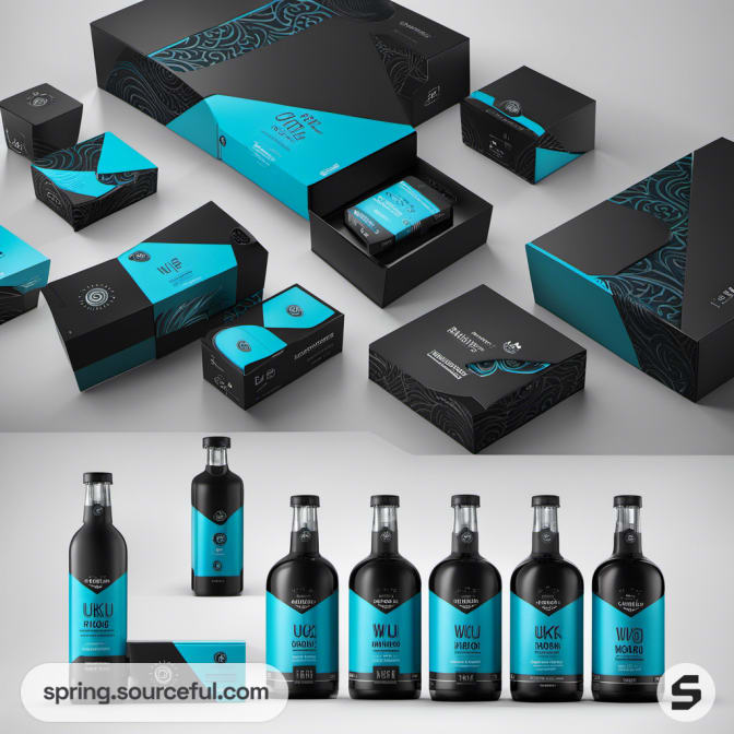 Black and turquoise beverage packaging with bottles displayed.