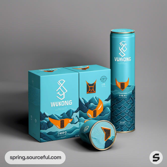 Tall turquoise cylindrical and box packaging with wave pattern.
