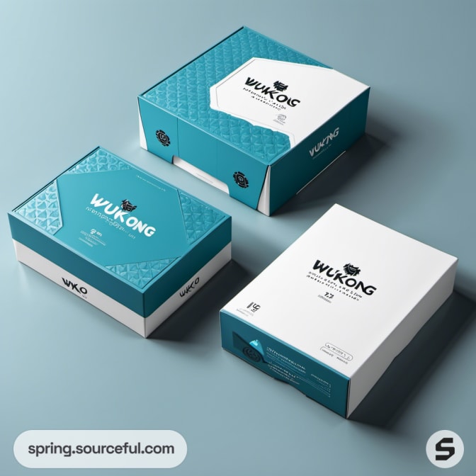 Turquoise and white geometric box packaging on a light background.
