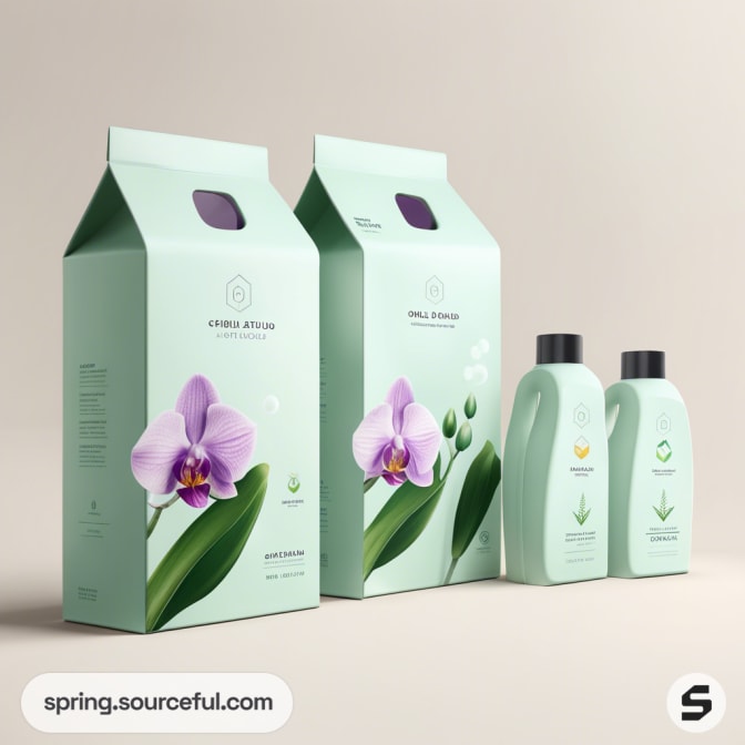 Mint green box and bottle packaging with orchid graphics, featuring liquid product containers.