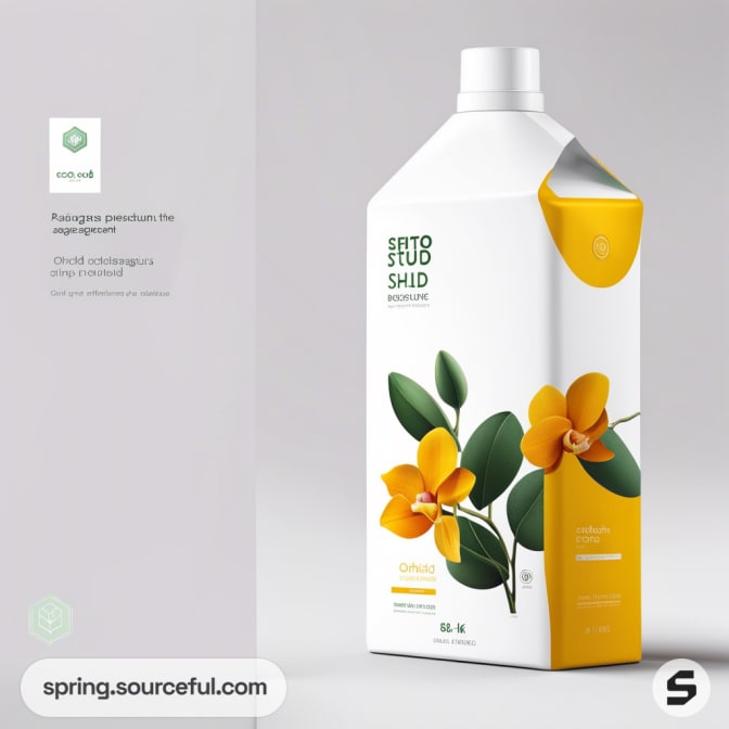 White rectangular carton with orange floral design and green leaves, featuring a reclosable cap on top.