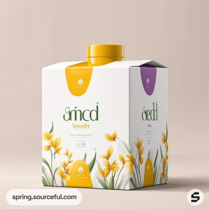 White rectangular detergent bottle with yellow cap and floral design on beige background.