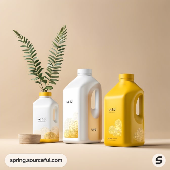 Three detergent bottles, two white and one yellow, with leaf design on beige background.