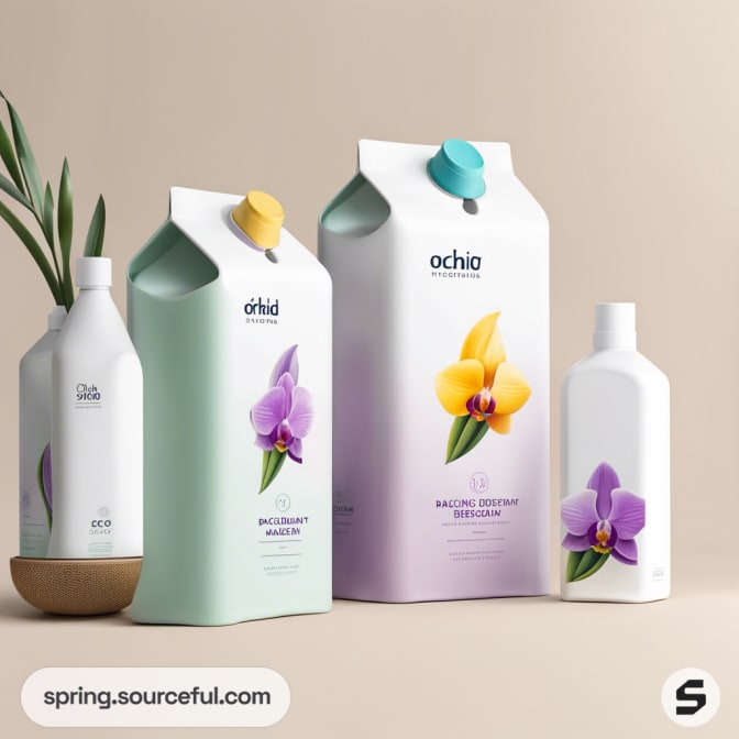 Floral-themed cartons and bottles with orchid designs on a neutral background.