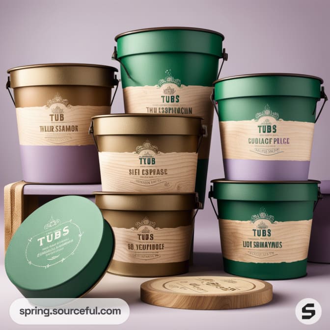 Stacked eco-friendly tubs with green and beige design, featuring lid highlights; placed on a wooden surface.